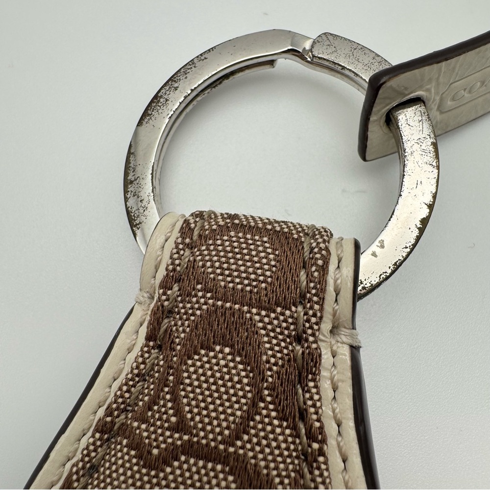Vintage Coach Signature Jacquard Key Fob Brown Khaki Ivory Leather - Picture 3 of 13